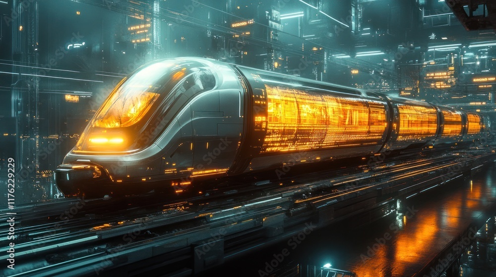 Futuristic high speed train speeding through a cyberpunk inspired urban ...