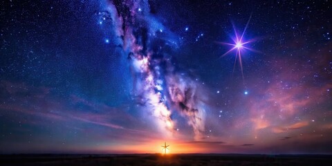 Wall Mural - A lone star shines brightly against a vast expanse of deep blues and purples in the night sky, with a few wispy clouds scattered across the horizon , darkness, galaxy