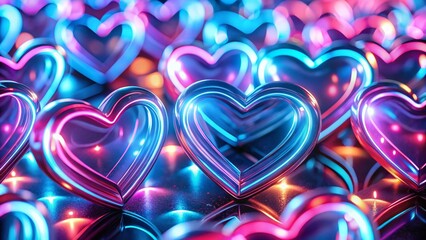 Wall Mural - Glowing Neon Pink & Blue Heart Shapes, High Depth of Field Stock Photo