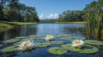 Wall Mural - Serene pond with white water lilies, green lily pads, and lush trees.