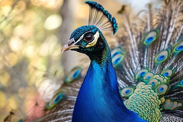 Wall Mural - Portrait of a peacock showing its colorful plumage in a blurred background