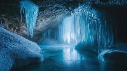 Sticker - Frozen cave with icicles and glacial water.