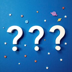 Wall Mural - Three white question marks a blue wall background with scattered stars and planets, background, blue