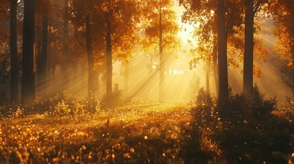 Canvas Print - golden sunlight streams through autumnal forest trees. perfect for projects needing serene, autumnal