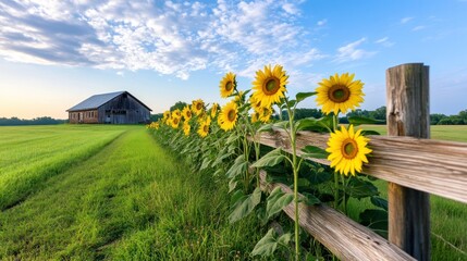 Poster - Sunflowers line a fence beside a rustic barn in a serene landscape.