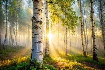 Wall Mural - Luminous White Birch Tree in Misty Forest - Candid Nature Photography