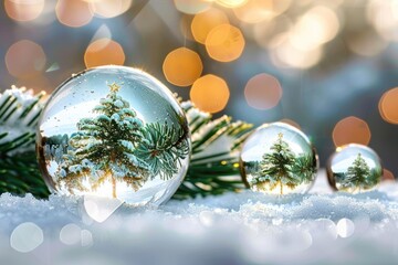 Wall Mural - Festive Snowy Glass Ornaments with Green Christmas Trees - Merry Christmas