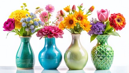 Wall Mural - Macro Photography: Colorful Flower Bouquets in Elegant Vases on White