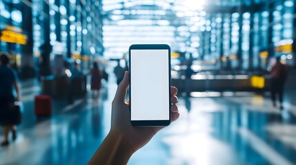 In a bustling airport terminal on a sunny summer morning, a wide-angle view captures vibrant energy as a traveler's hand holds an isolated smartphone with a blank screen, 