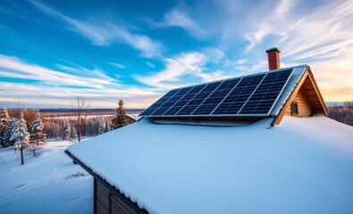 Wall Mural - A solar panel installed on the roof of a house during winter surrounded by snow innovative solar panel innovation power electricity energy technology panel renewable