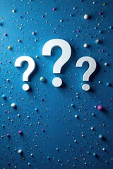 Wall Mural - Three white question marks a blue wall background with scattered stars and planets, mystery, wonder, galaxies