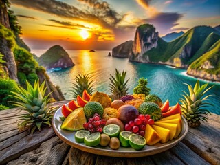 Wall Mural - Maya Beach Cliffs: Delicious Tropical Fruit Platter at Sunset