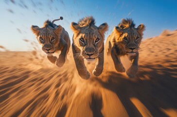 Poster - A lion and two lions run forward, facing the camera