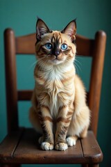 Cat with blue eyes perched on old wooden chair, cat, blue-eyed cat