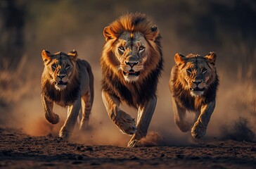 Poster - A lion and two lions run forward, facing the camera