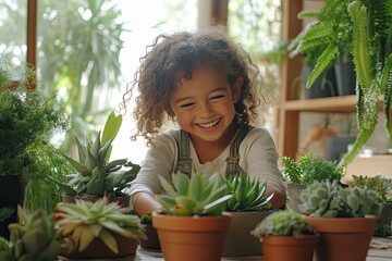 A happy child is planting potted plants in their home, surrounded by various indoor greenery and succulents