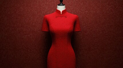 A vibrant red dress displayed on a mannequin against a textured red background, showcasing elegant design and traditional style.