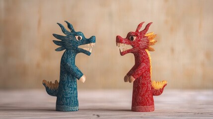 Wall Mural - Two colorful, handcrafted dragon figurines face each other against a wooden backdrop, showcasing intricate designs and cultural artistry.