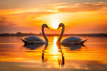 Wall Mural - Minimalist Silhouette Swans - Elegant Bird Couple Lake Sunset