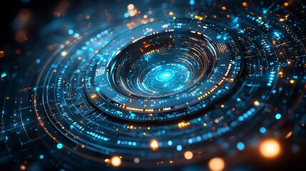 Abstract futuristic technology circle glowing with blue and orange light.