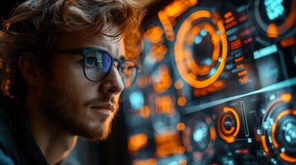 focused young man with glasses analyzing futuristic data on a digital screen.