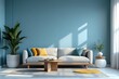© indofootage - Stylish interior of living room with soft sofa and coffee table on pantone blue background with copy space