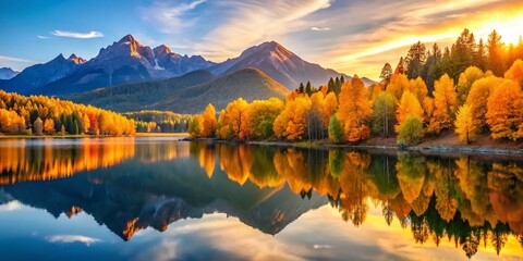 Wall Mural - Panoramic Sunrise: Yellow Autumn Trees Reflecting in Mountain Lake