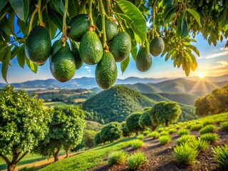 Wall Mural - Panoramic View of Lush Avocado Orchard, Ripe Fruit Hanging on Trees