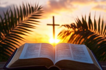 Poster - Opened book and palm leaf with cross and sunset scene background. Palm Sunday Concept 