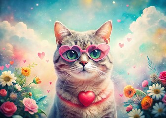 Wall Mural - Panoramic Watercolor Valentine's Day Cat Decor: Whimsical Feline with Heart Sunglasses