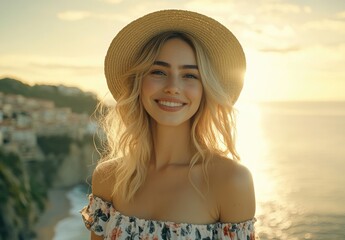 Wall Mural - a beautiful blonde woman in a summer dress and hat, smiling on the terrace of her house with a sea view overlooking a small town near the beach, during sunset