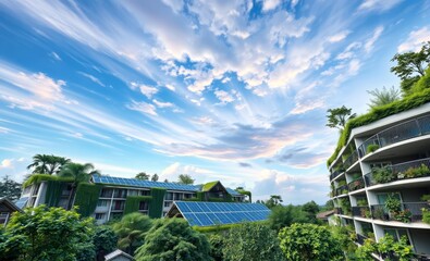 Wall Mural - Sustainable apartment complex with lush greenery and solar panels innovative solar panel innovation power electricity energy technology panel renewable