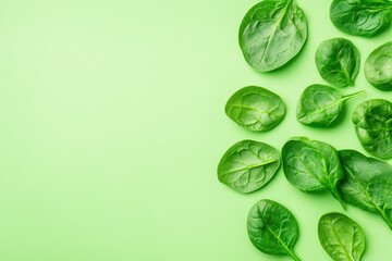 Bright green spinach leaves spread out randomly on a matching green surface, perfect for food photography or organic produce marketing. 
