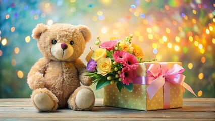 Wall Mural - Pastel Teddy Bear with Flowers & Gift: Perfect Celebration Stock Photo