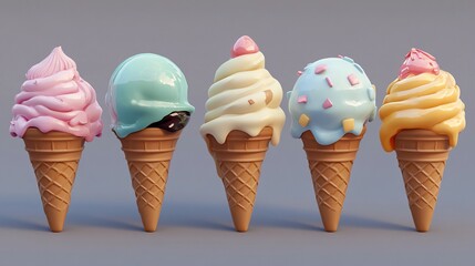 Wall Mural - Five colorful ice cream cones in a row.