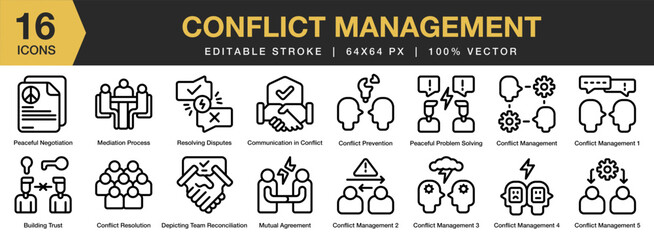 Sticker - Conflict Management icon set. Editable Stroke Icon Collection. Includes conflict, management, resolution, leadership, negotiation, and More. Outline icons vector collection.