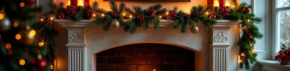 Holiday-themed mantel with Christmas decorations, mantel, garland