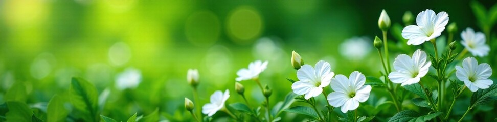 Wall Mural - Delicate white petunias scattered on a lush green background, nature, flower