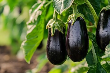 Close-up of ripe, dark purple eggplants growing on a healthy plant in a vegetable garden, glistening with water droplets on a sunny day