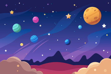Wall Mural - whimsical seamless design of floating planets surrounded by twinkling stars.