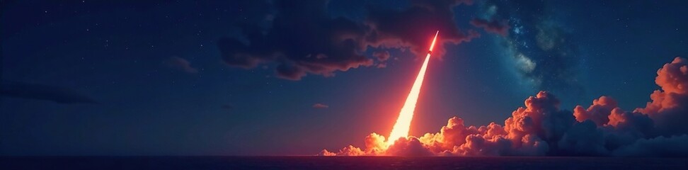 Wall Mural - rocket's trajectory illuminated against darkening blue background with stars twinkling in the distan