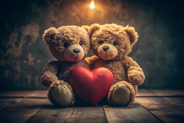 Wall Mural - Romantic Teddy Bears in Low Light with Heart - Valentine's Day Stock Photo