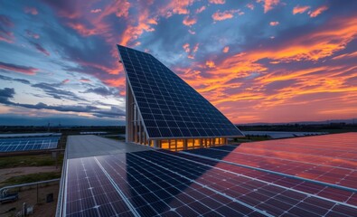 Wall Mural - Captivating sunset photography showcases the integration of architecture and solar power innovative solar panel innovation power electricity energy technology panel renewable