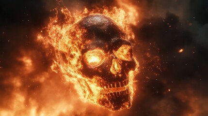 Wall Mural - Infernal Blaze - Fiery demonic skull engulfed in flames on dark intense background, Halloween horror concept