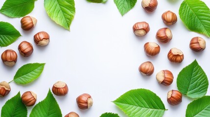 Wall Mural - close-up of fresh hazelnuts with green leaves on white background
