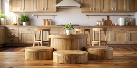 Wall Mural - Rustic Wooden Podiums on Kitchen Table for Product Photography - Mockup