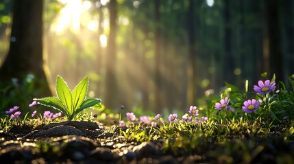 Canvas Print - Lush green forest with spring flowers and sunlight filtering through the trees