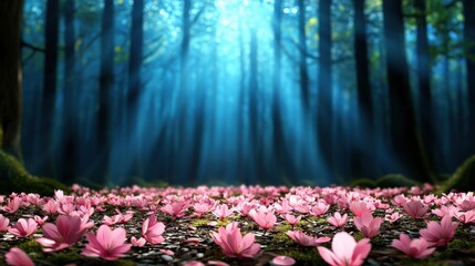 Poster - Magical Sunlight Shimmers Through the Enchanted Forest Filled with Lush Blooming Flowers