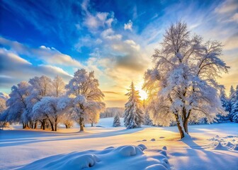 Wall Mural - Snowy Winter Wonderland Landscape: Serene Forest Scene, Cold, Fresh Air, White Ground, Blue Sky