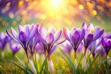 Wall Mural - Stunning Bokeh Background: Wild Crocus Flowers in Spring Meadow